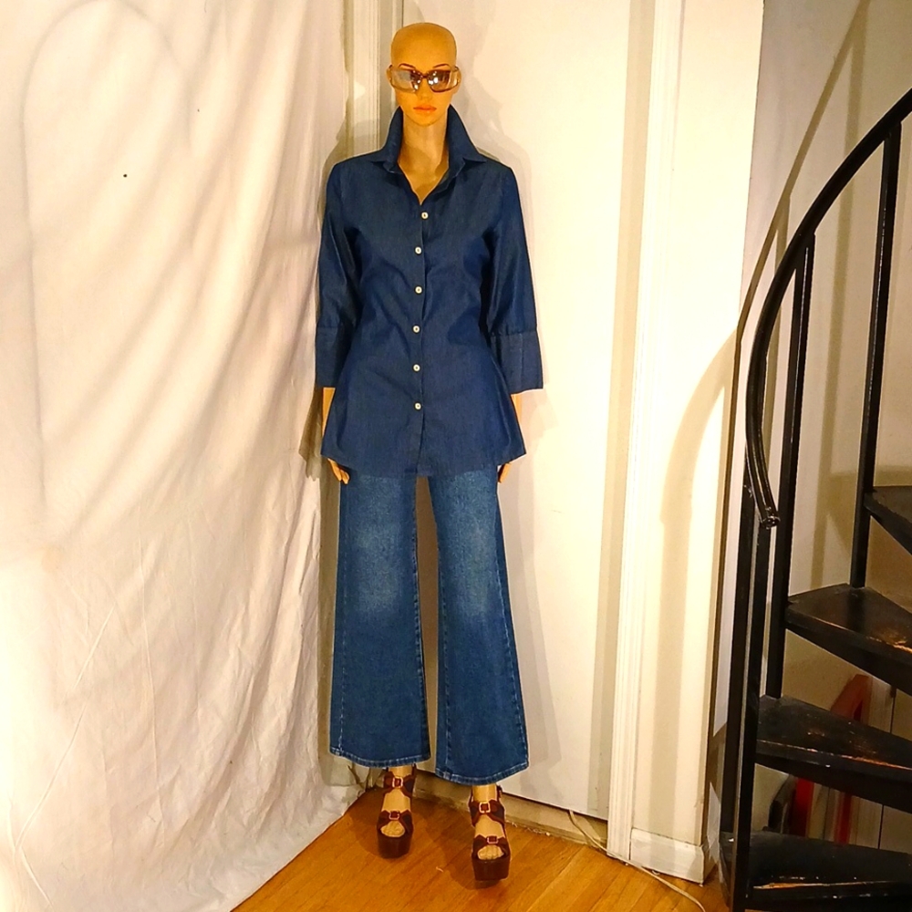 Like New Tory Burch Brown Leather & Navy Blue Denim Wedge Platform Heels - Picture 2 of 16
